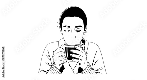 Black and white hand-drawn illustration of a person sipping a hot drink in contemplation.