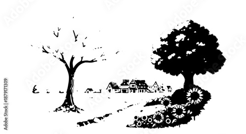 Black and white illustration contrasting barren and thriving trees.