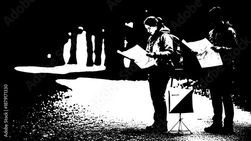 High-contrast black and white street musicians reading sheet music in public.