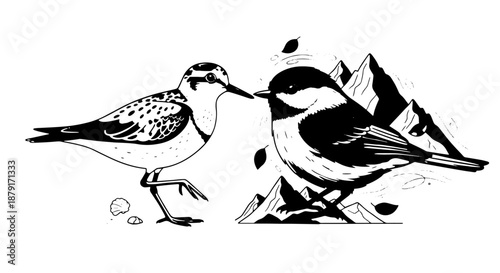 Two shorebirds in monochrome ink drawing on a sandy beach.