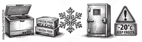 Black and white line drawing of freezer, frozen food, snowflake, and cold storage for commercial use for product design, and illustrations in food industry.