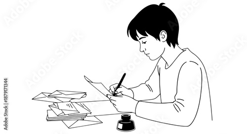 Young person writing a handwritten letter with ink pen at a desk.