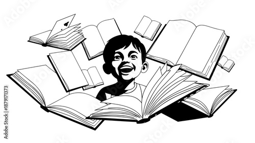 Joyful child emerging from a sea of open books.