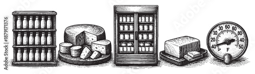 Vintage illustration of groceries showing milk bottles, cheese wheel, refrigerator, butter and thermometer, for use in cookbooks and vintage grocery stores.