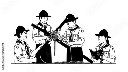 Youth scout patrol practicing knotwork and teamwork around wooden poles.