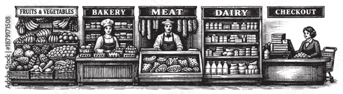 Black and white illustration of a vintage grocery store featuring sections like bakery, meat, dairy, fruits, vegetables and a checkout line with staff.