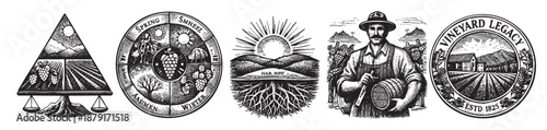 A collection of five vintage-style engravings depicting vineyard scenes, a farmer, and the seasons, showcasing wine heritage and tradition. Ideal for branding and historical themes.