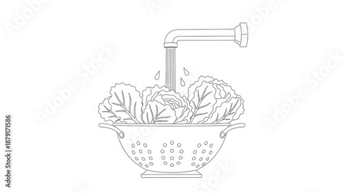A colander with lettuce being rinsed under a faucet high quality