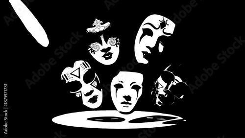 Monochrome Theatre Masks Float Against a Dark Stage Backdrop.