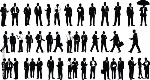 Business professional silhouette set, corporate poses and gestures, teamwork communication icons, office attire figures, flat vector illustration
