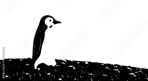 Solitary penguin silhouette on an icy shore in stark monochrome landscape.