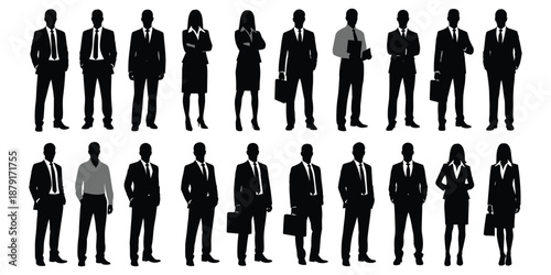 Business professional silhouettes team diversity corporate people in formal attire standing poses office workforce icons flat vector illustration collection set