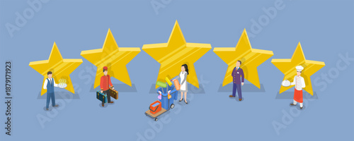 3D Isometric Flat Vector Illustration of Hotel Banner, Hotel Staff Team With Five Stars