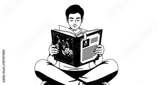 Relaxed man reading a newspaper in a black and white cartoon illustration.