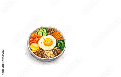 Delicious korean bibimbap bowl with vegetables and fried egg on white background