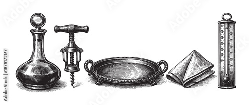 Black and white engraved still life featuring a wine decanter, corkscrew, tray, napkin, and thermometer, ideal for illustrations or vintage-themed designs.