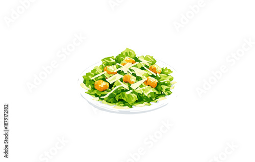 Fresh caesar salad with lettuce, croutons, and parmesan cheese on white plate