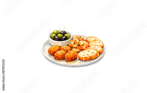 Plate of appetizers with olives, cheese, bread, and croquettes on white background