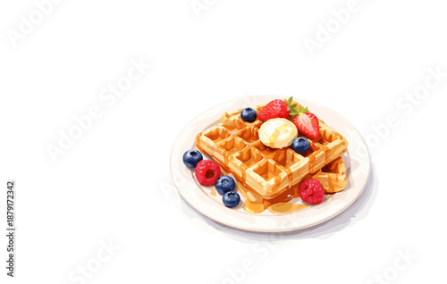 Delicious waffles with berries and maple syrup