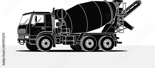 Concrete mixer truck black silhouette with rotating drum, chute, cab details, construction vehicle icon, transport machinery, flat vector illustration