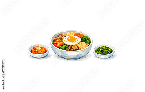 Colorful korean bibimbap and side dishes with egg and vegetables