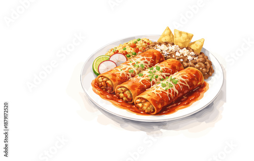 Delicious mexican enchiladas with beans, rice, and tortilla chips on a plate