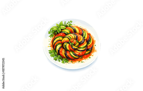 Colorful ratatouille spiral with fresh herbs on a white plate