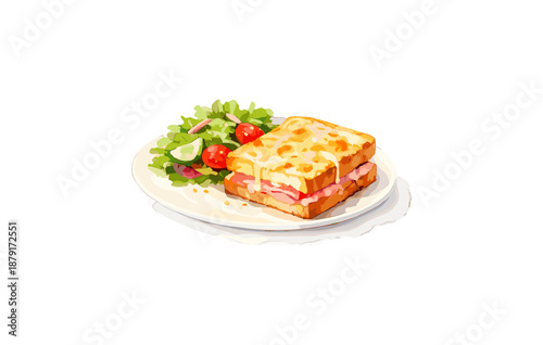 Delicious croque monsieur with fresh salad on white plate
