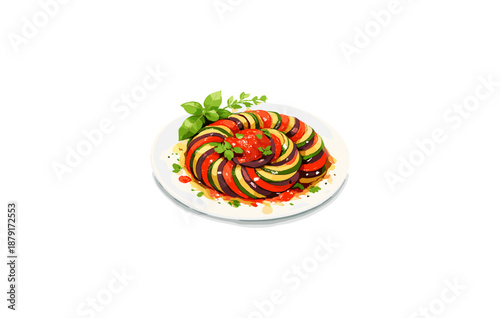 Delicious colorful ratatouille dish with fresh vegetables and herbs on white plate