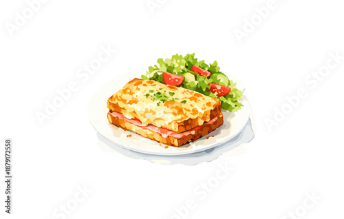 Delicious lasagna slice with fresh tomato and lettuce salad