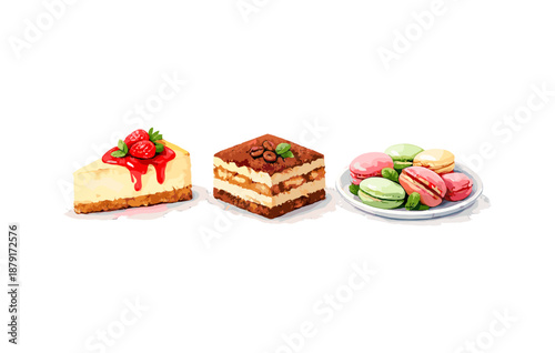 Assorted desserts display with cheesecake, tiramisu, and colorful macarons