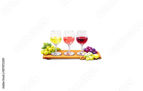 Assorted wine glasses with cheese and grapes on wooden board