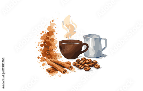 Steaming coffee cup with cinnamon sticks and milk jug near coffee beans