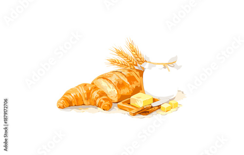 Freshly baked croissants with butter and wheat stalks