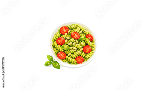 Fresh fusilli pasta salad with cherry tomatoes and basil