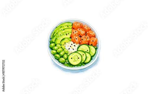 Fresh salmon poke bowl with avocado, edamame, and cucumber in a white dish