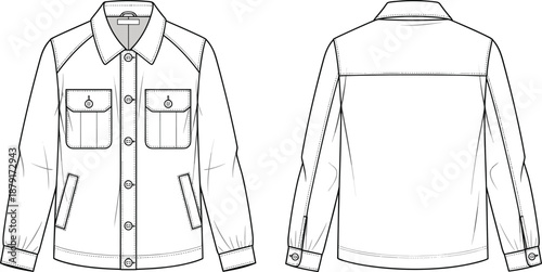 Front and back technical fashion sketch of buttoned jacket with collar, pockets, seams, cuffs, yoke, garment construction details, flat vector illustration