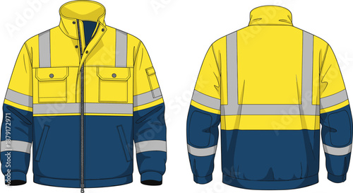 High visibility work jacket front and back view, reflective safety clothing, industrial uniform design, protective outerwear for workers, flat vector illustrationHigh 
