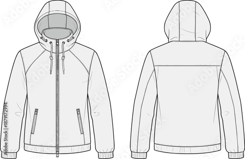 Hooded jacket sketch, fashion technical drawing, zipper, side pockets, drawstring hood, elastic cuffs, flat vector illustration