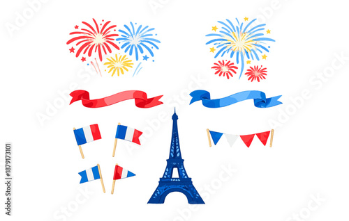 Eiffel tower celebration elements: fireworks, ribbons, flags for festive design