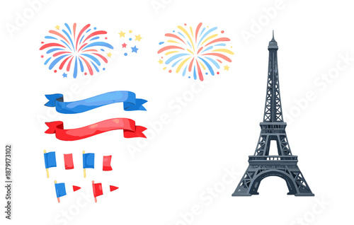 French celebration elements: eiffel tower, fireworks, flags, ribbons