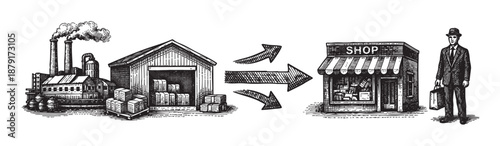 Illustration depicting supply chain process showing factory, warehouse, arrows, shop, and businessman in black and white color, demonstrating business logistic.