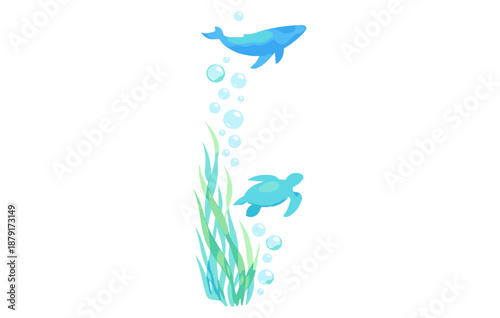 Underwater adventure: whale and turtle among bubbles and seaweed