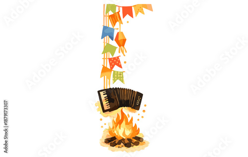Accordion and festive lanterns above a bonfire