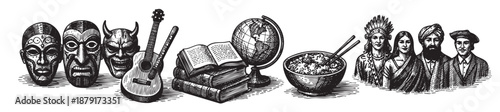 Black and white illustration of cultural artifacts including masks, musical instruments, education symbols, food, and diverse groups of people representing global culture.