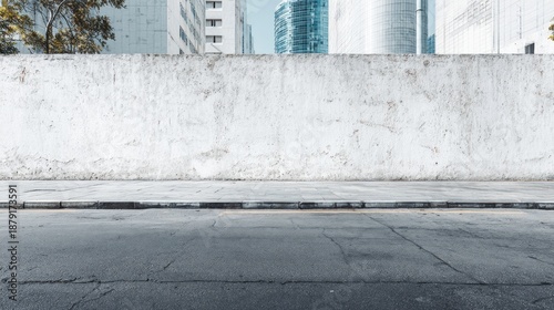 City street with long concrete wall covered in white plaster featuring copy space and mockup   