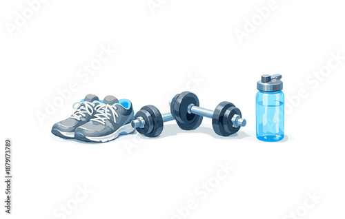 Fitness essentials: dumbbell, sneakers, water bottle for workout motivation