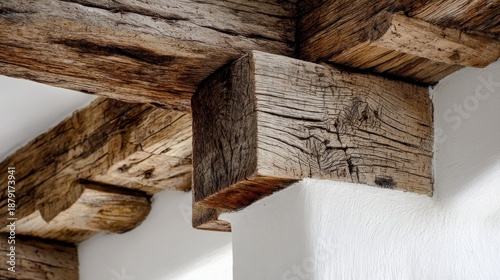 Close up detail of heavy wooden beams and joints in a white wall structure highlighting rustic architecture and natural textures.