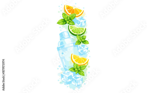 Refreshing citrus cocktail ingredients with mint, lemon, lime, and ice cubes