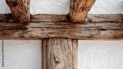 Close up detail of heavy wooden beams and joints in a white wall structure highlighting rustic architecture and natural textures.